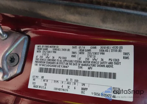 2014 Ford Escape Se from USA, damaged, VIN 1FMCU0GX6EUE13847